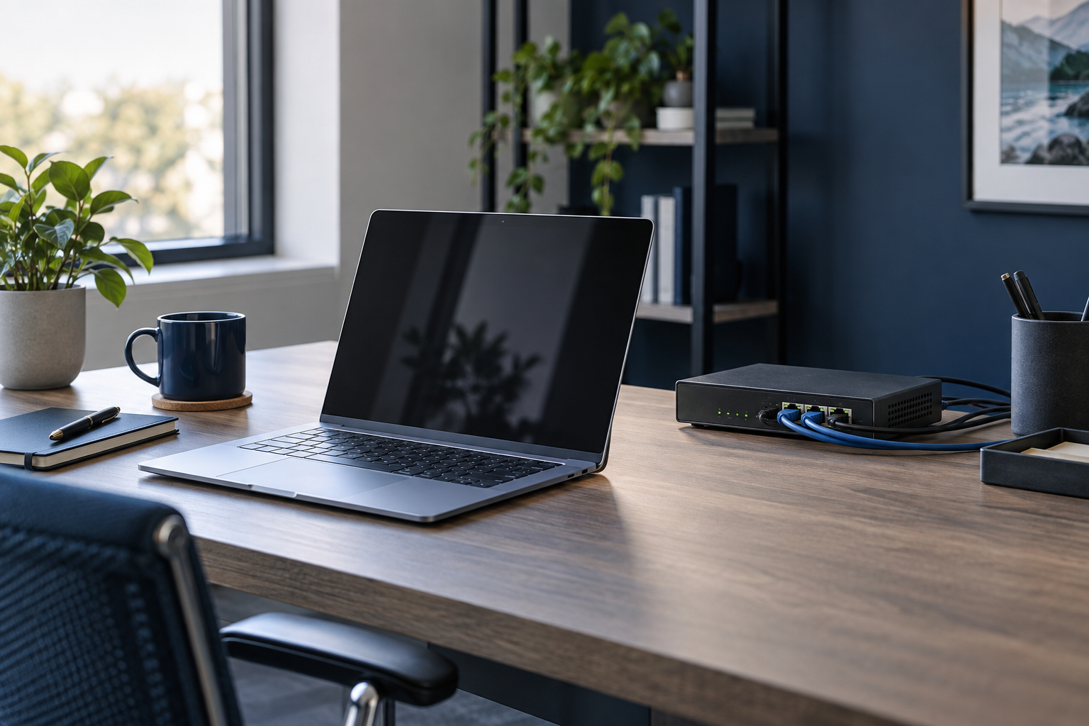 AI-generated example of a workspace with a laptop and network equipment